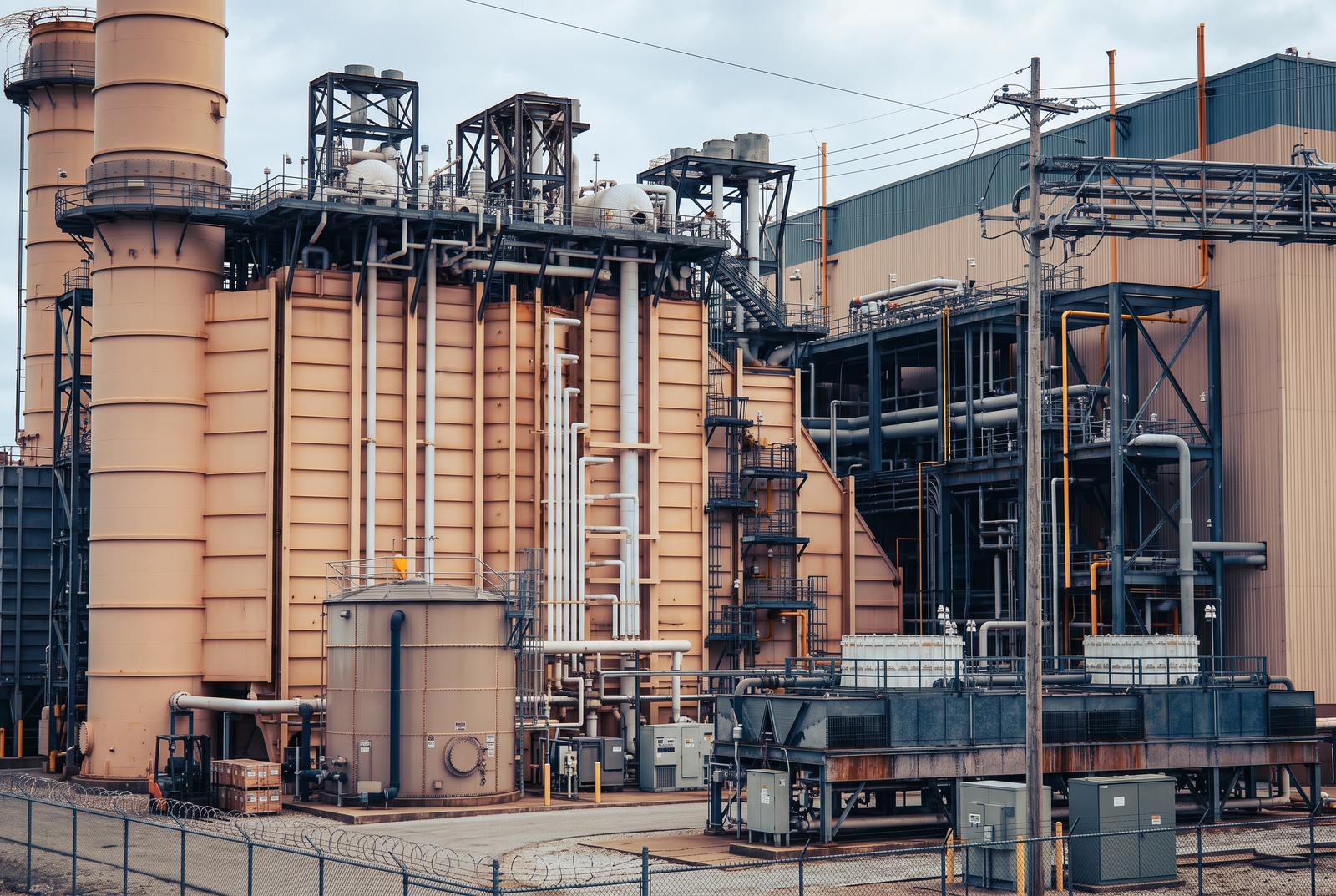 Large industrial processing facility with steel structures, stacks and piping