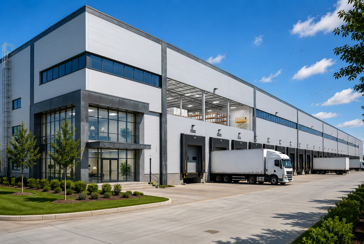 Modern distribution warehouse exterior with loading docks and trucks