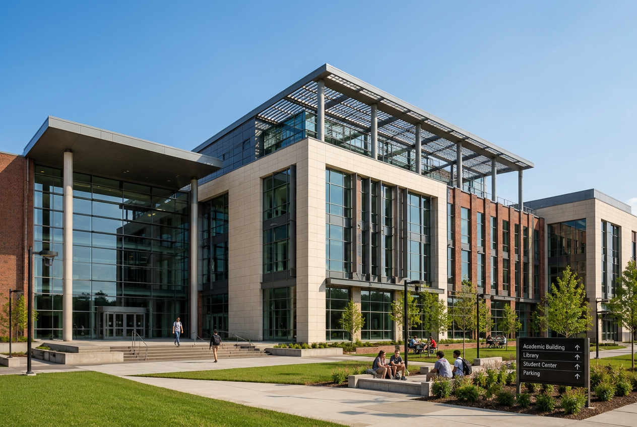 Contemporary university academic building with glass facade and campus landscaping