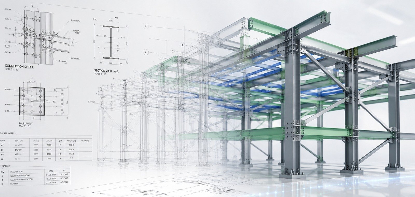 Steel detailing shop drawings transitioning into a 3D structural steel frame