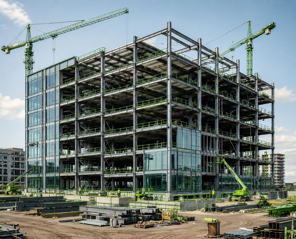 Structural steel frame of a commercial office building under construction with tower cranes