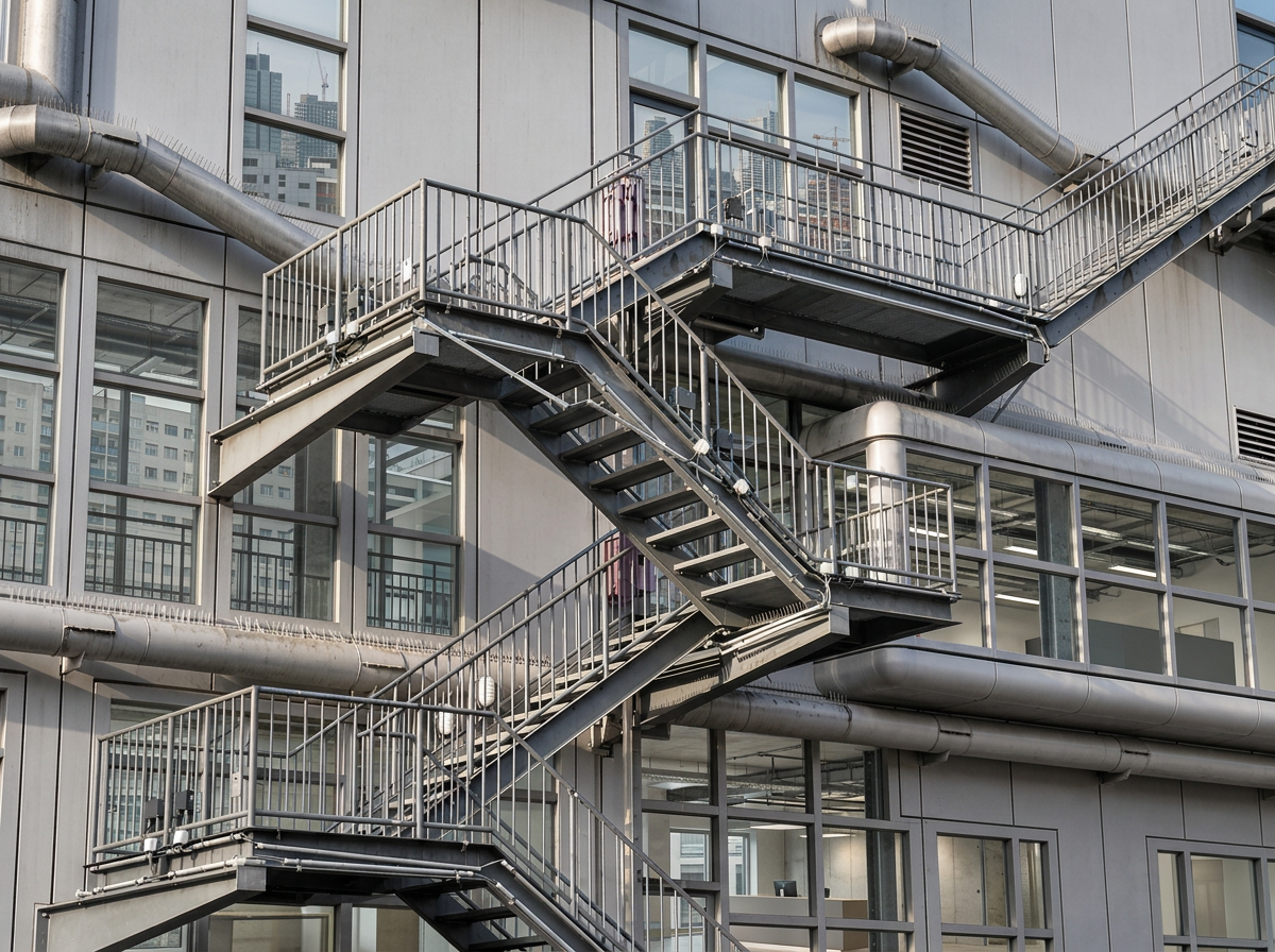 Exterior architectural steel staircases, platforms and railings on a modern building