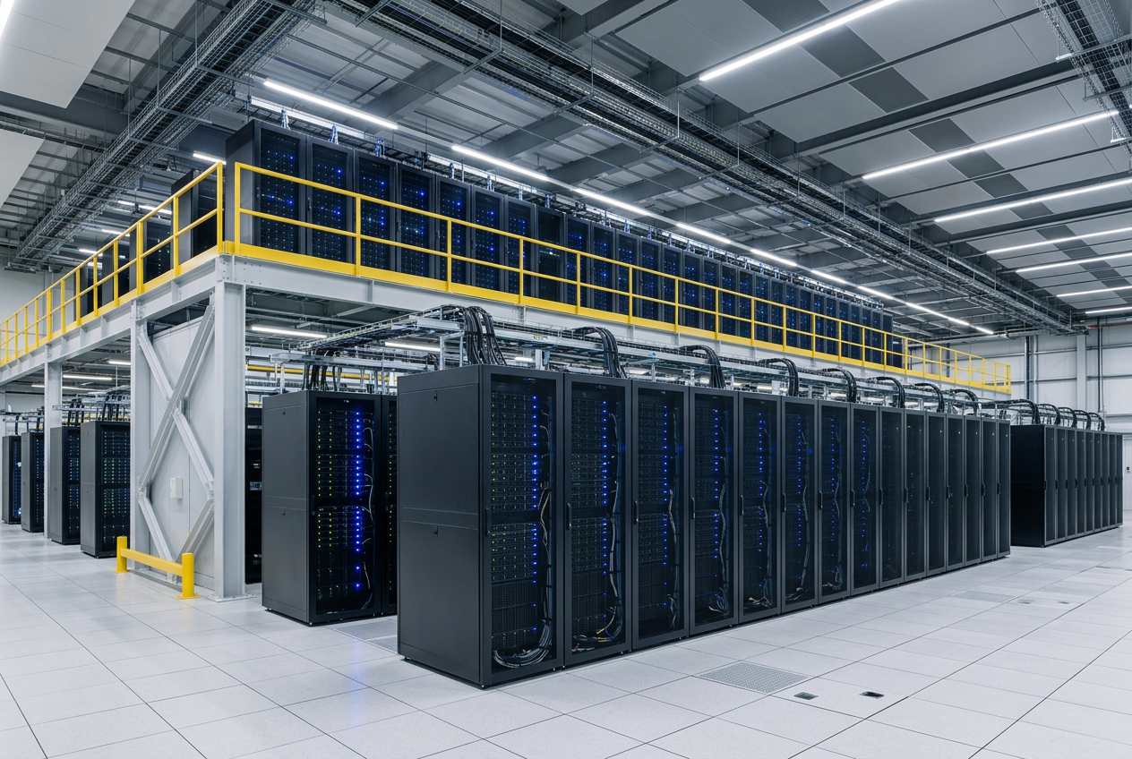 Rows of server racks inside a modern data center hall